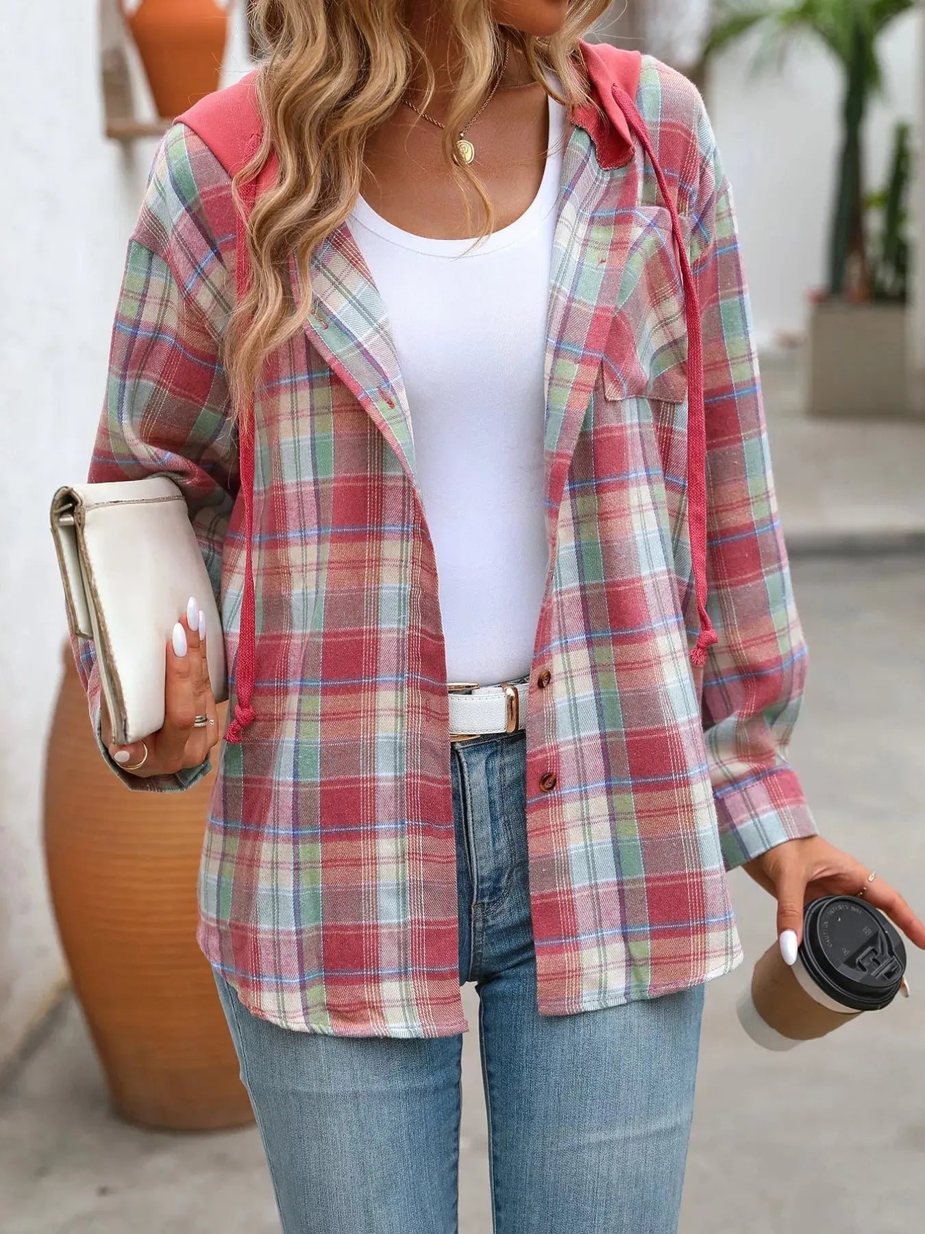 Plaid Button-Up Oversized Hooded Shirt with Chest Pocket - Be Bliss Boutique