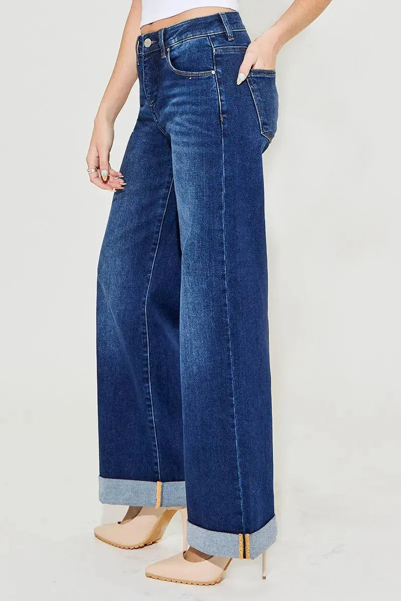 Full Size Tummy Control High Rise Wide Leg Cuffed RISEN Jeans - Be Bliss Boutique
