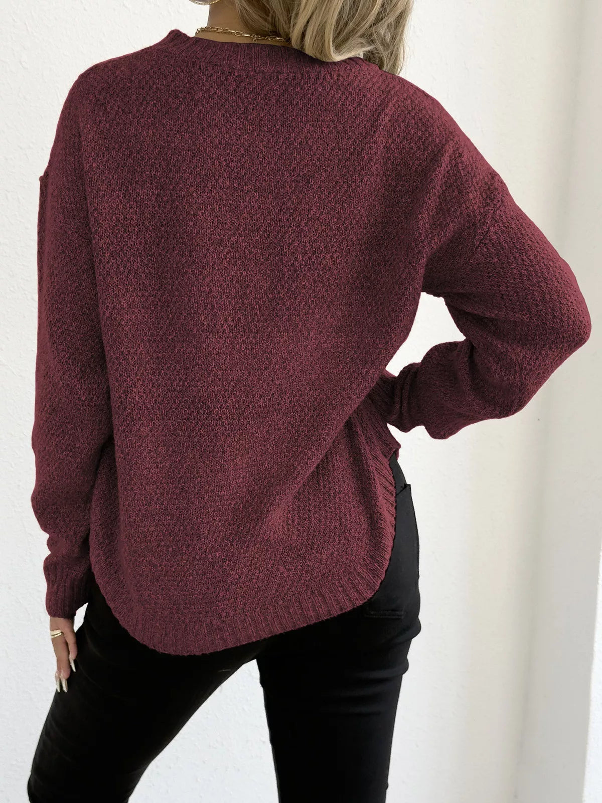 Textured Knit Relaxed Fit Round Neck Sweater - Be Bliss Boutique