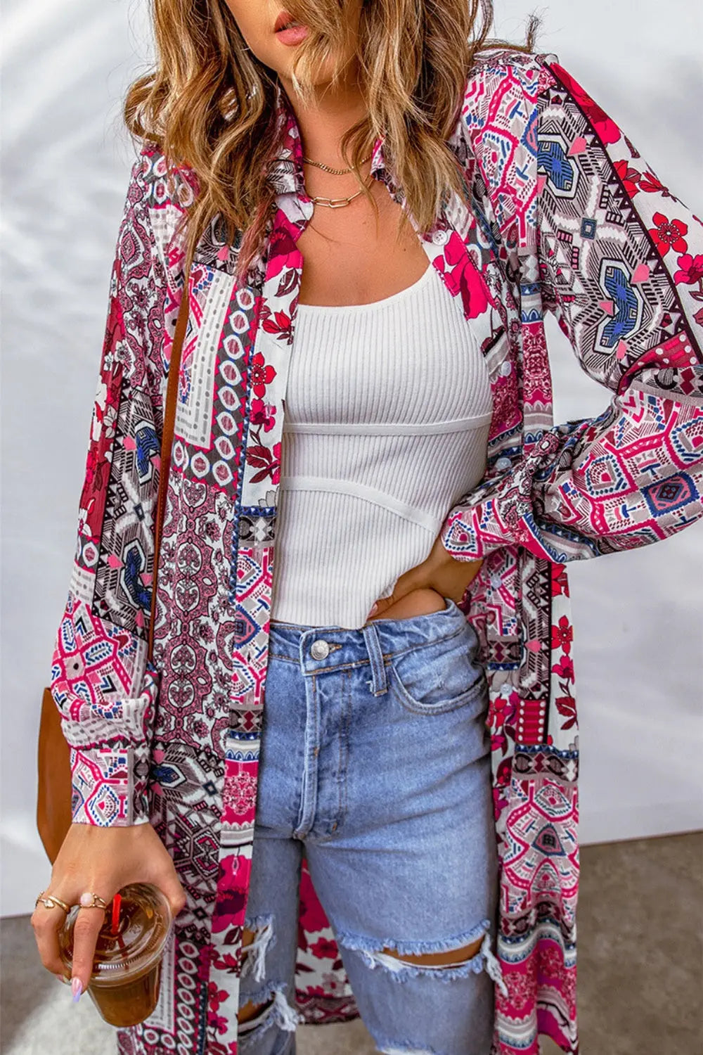 Printed Button Up Long Sleeve Cardigan - Be Bliss Boutique