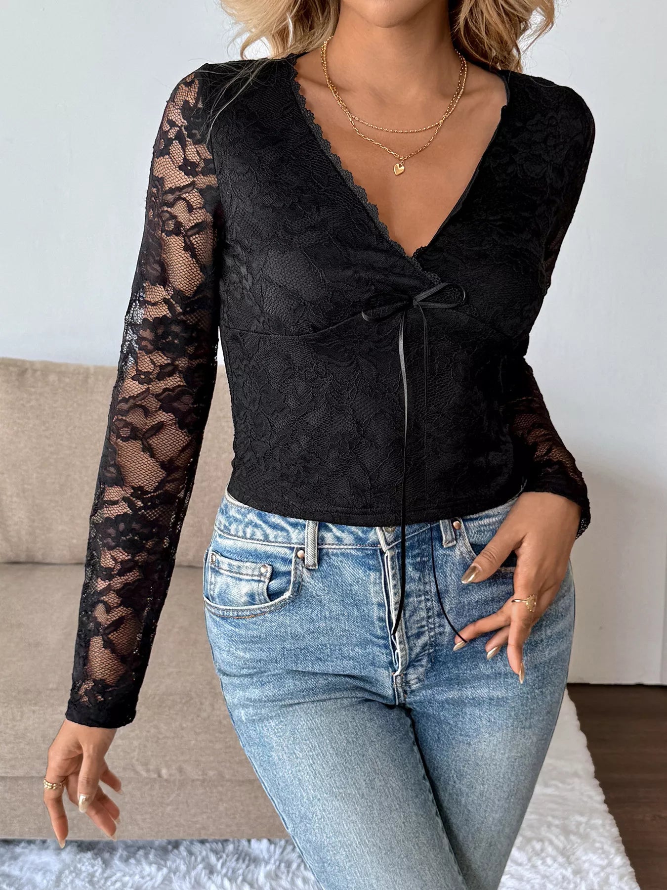 Long Sleeve Floral Lace Mesh Cropped Top - Be Bliss Boutique