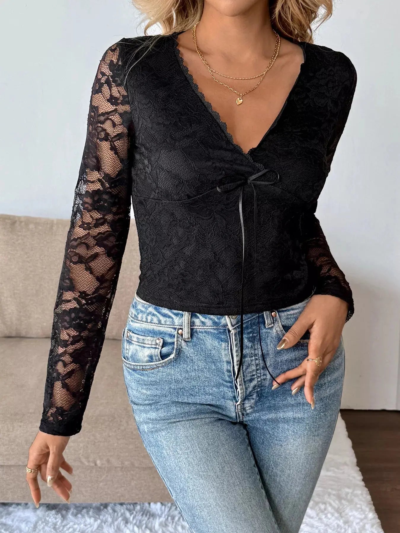 Long Sleeve Floral Lace Mesh Cropped Top - Be Bliss Boutique