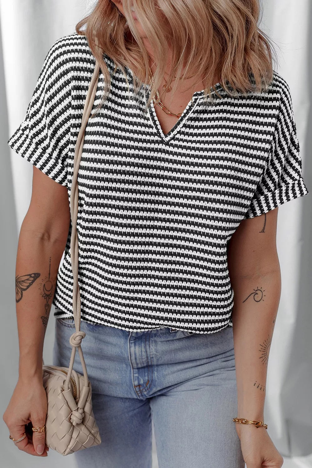 Stripe Textured Knit Notched Neck Cuffed Short Sleeve Shirt - Be Bliss Boutique