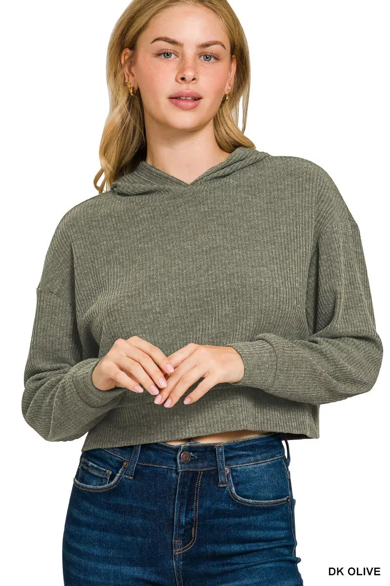 Zenana Drop Shoulder Ribbed Crop Hoodie - Be Bliss Boutique