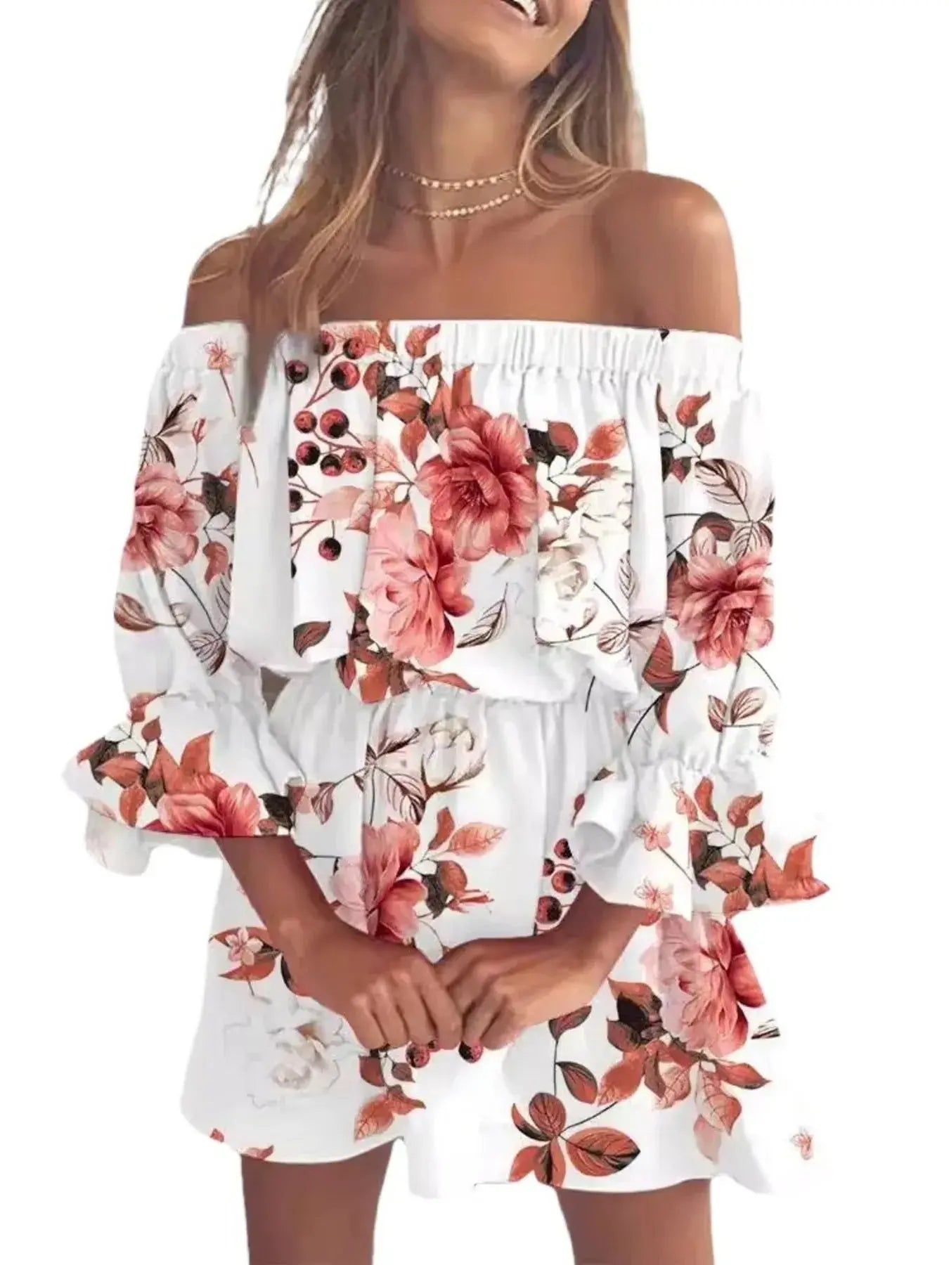 Full Size Floral Off Shoulder Mini Dress with Flounce Sleeves - Be Bliss Boutique