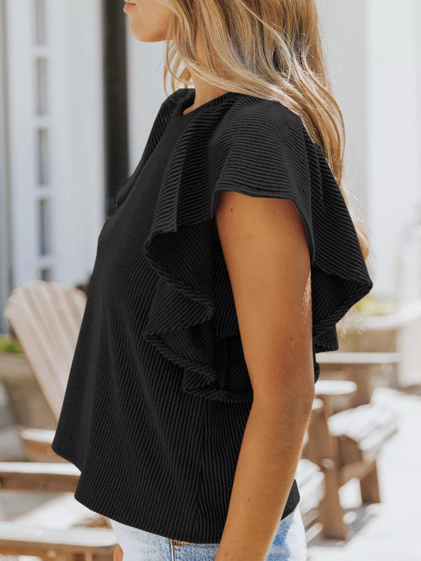 Full Size Ruffled Sleeve Ribbed Knit T Shirt - Be Bliss Boutique