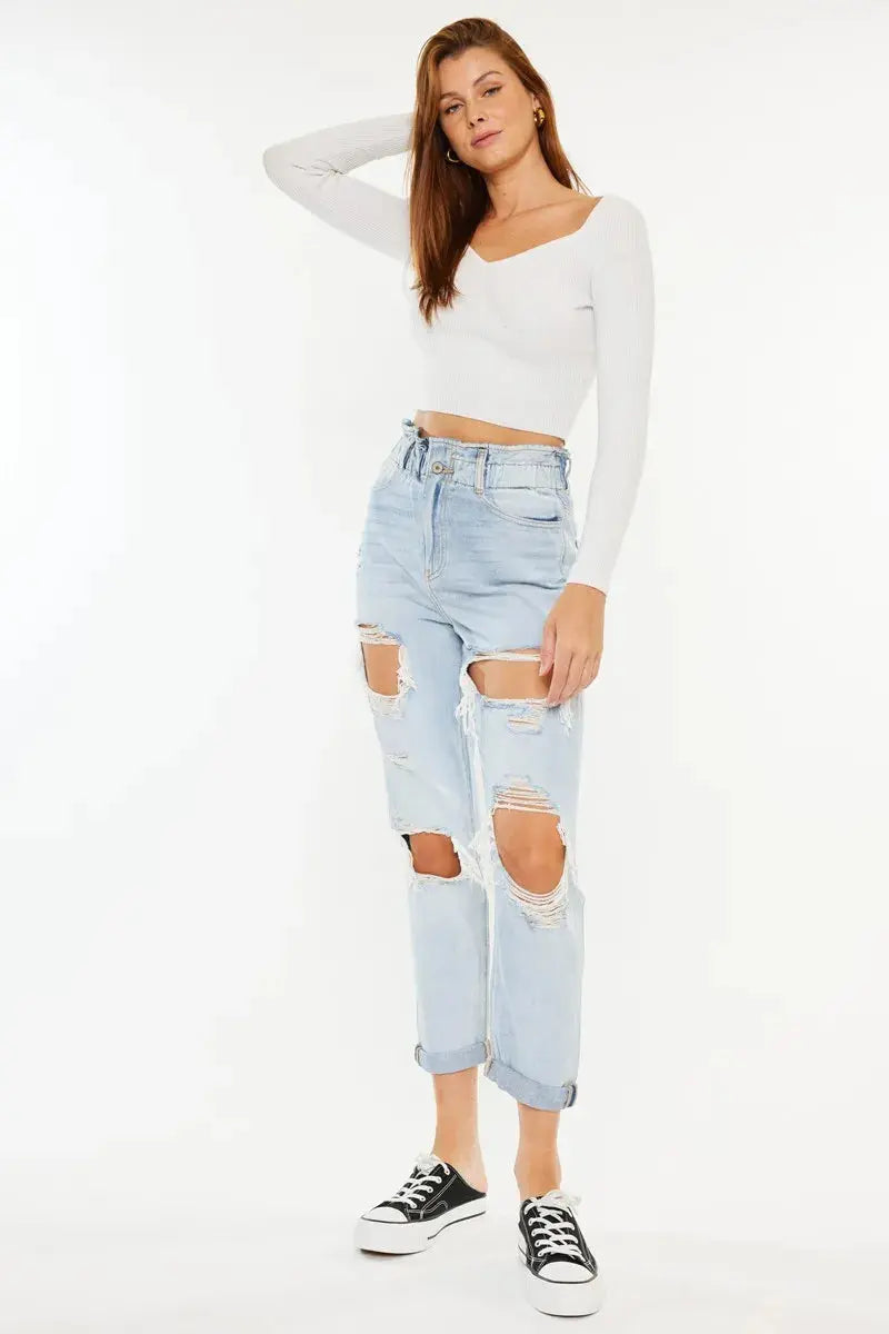 Open Pack Paperbag Distressed Kancan Mom Jeans - Be Bliss Boutique