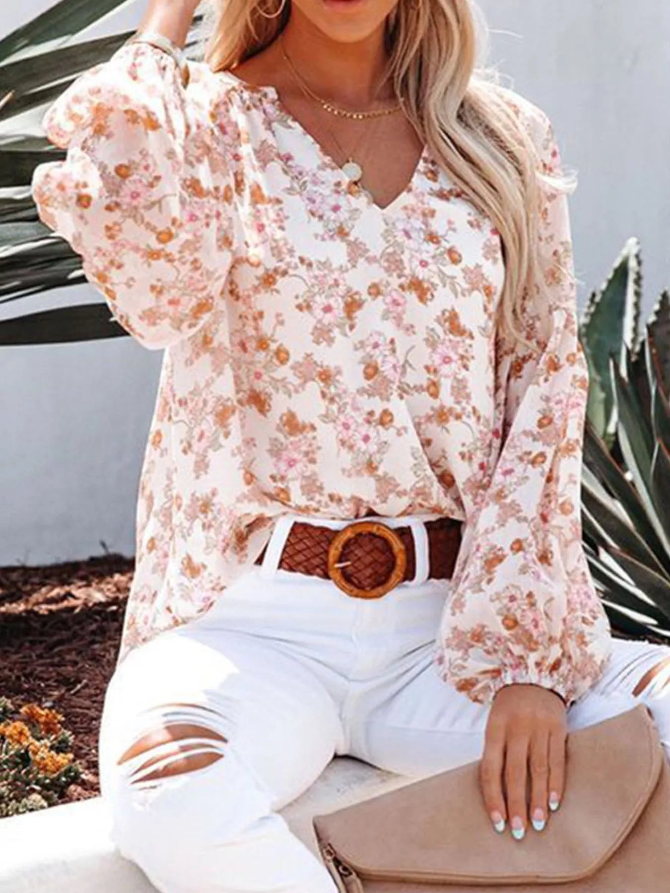 Full Size Floral Print V Neck Long Sleeve Blouse - Be Bliss Boutique