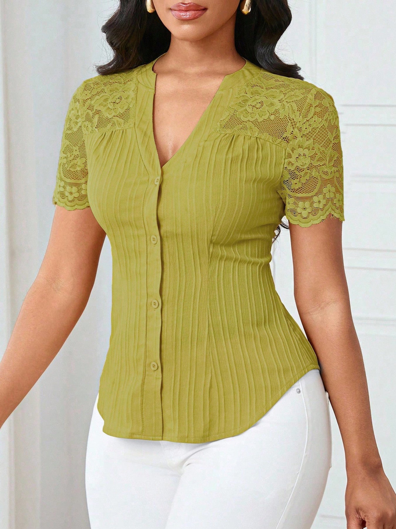 Button Up Lace Sleeve Blouse - Be Bliss Boutique