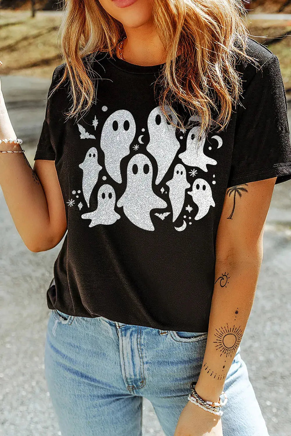 Plus Size Ghost Round Neck Short Sleeve Halloween Graphic T Shirt - Be Bliss Boutique