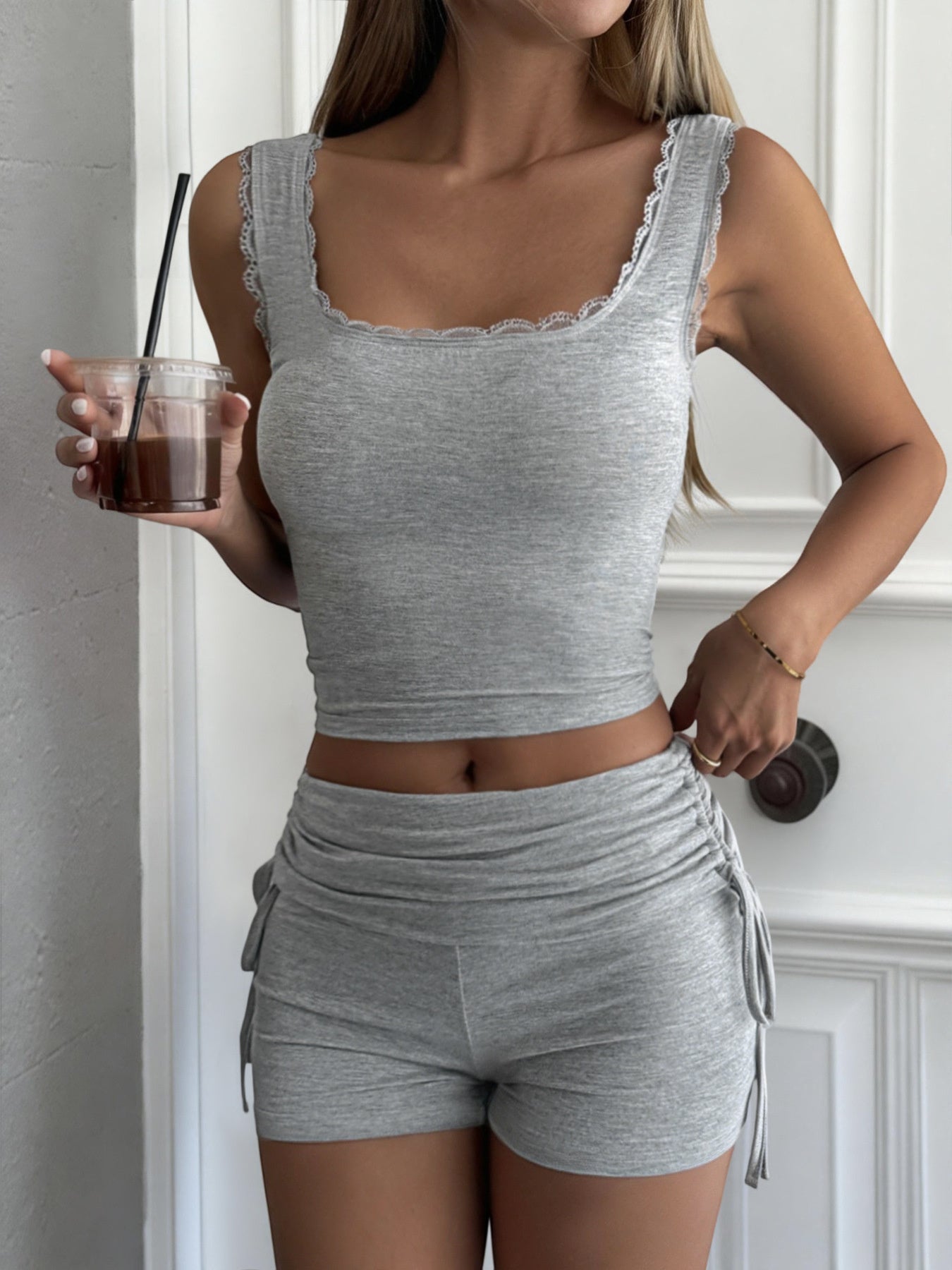 Lace Trim Tank Top and Shorts Set - Be Bliss Boutique