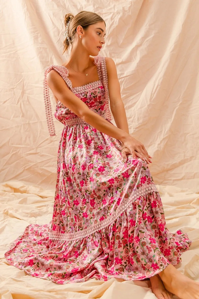 SO ME Floral Maxi Dress with Ribbon Tie Lace Strap - Be Bliss Boutique