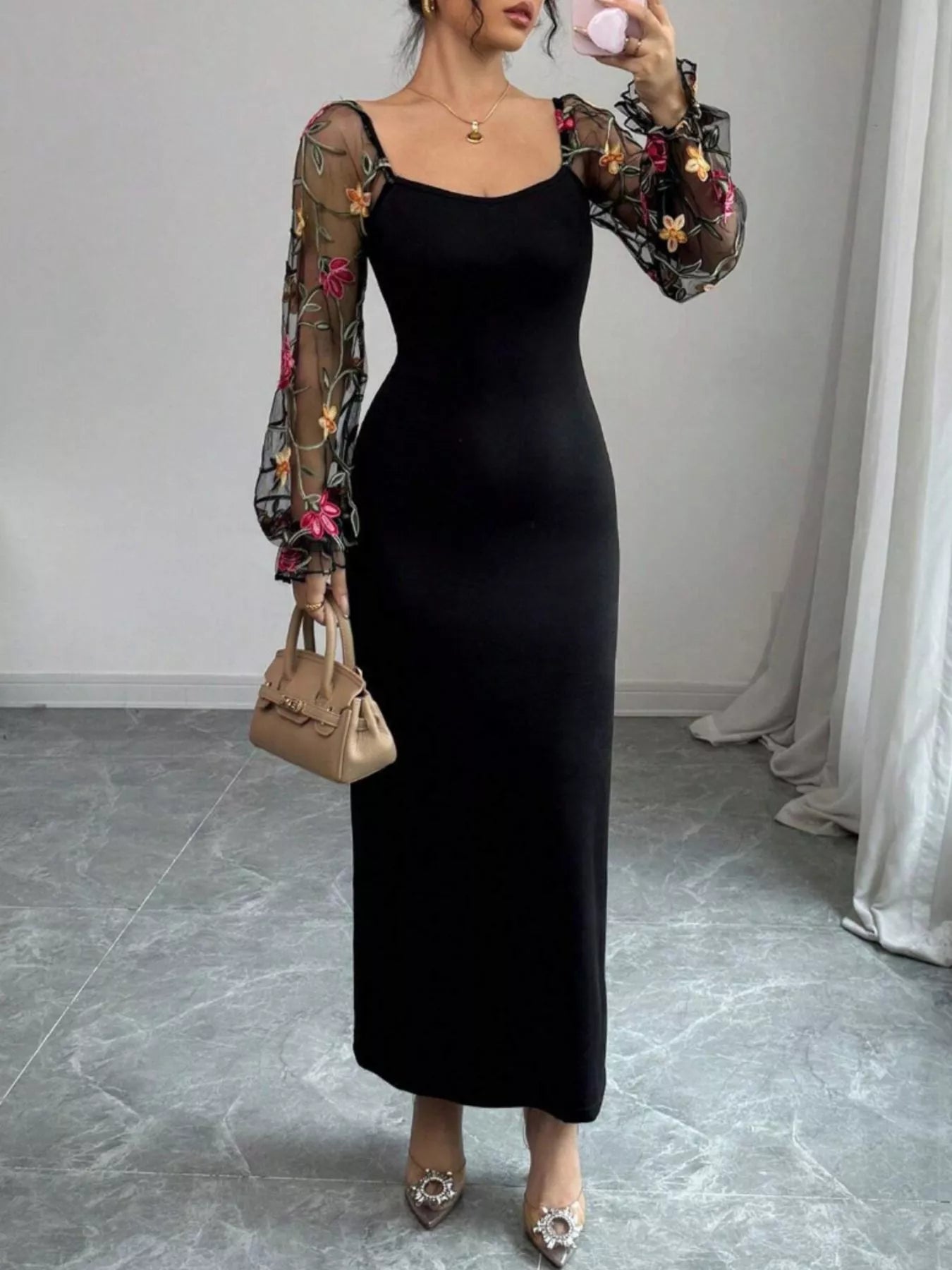 Sheer Floral Mesh Sleeves Black Bodycon Dress - Be Bliss Boutique