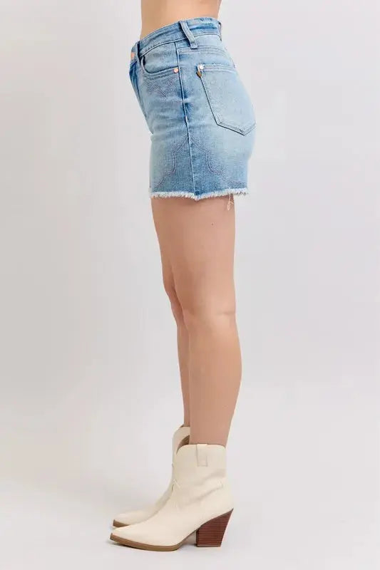 Judy Blue Jeans - Plus Size High Waist Western Embroidery Detail Cut Off Denim Shorts - Be Bliss Boutique