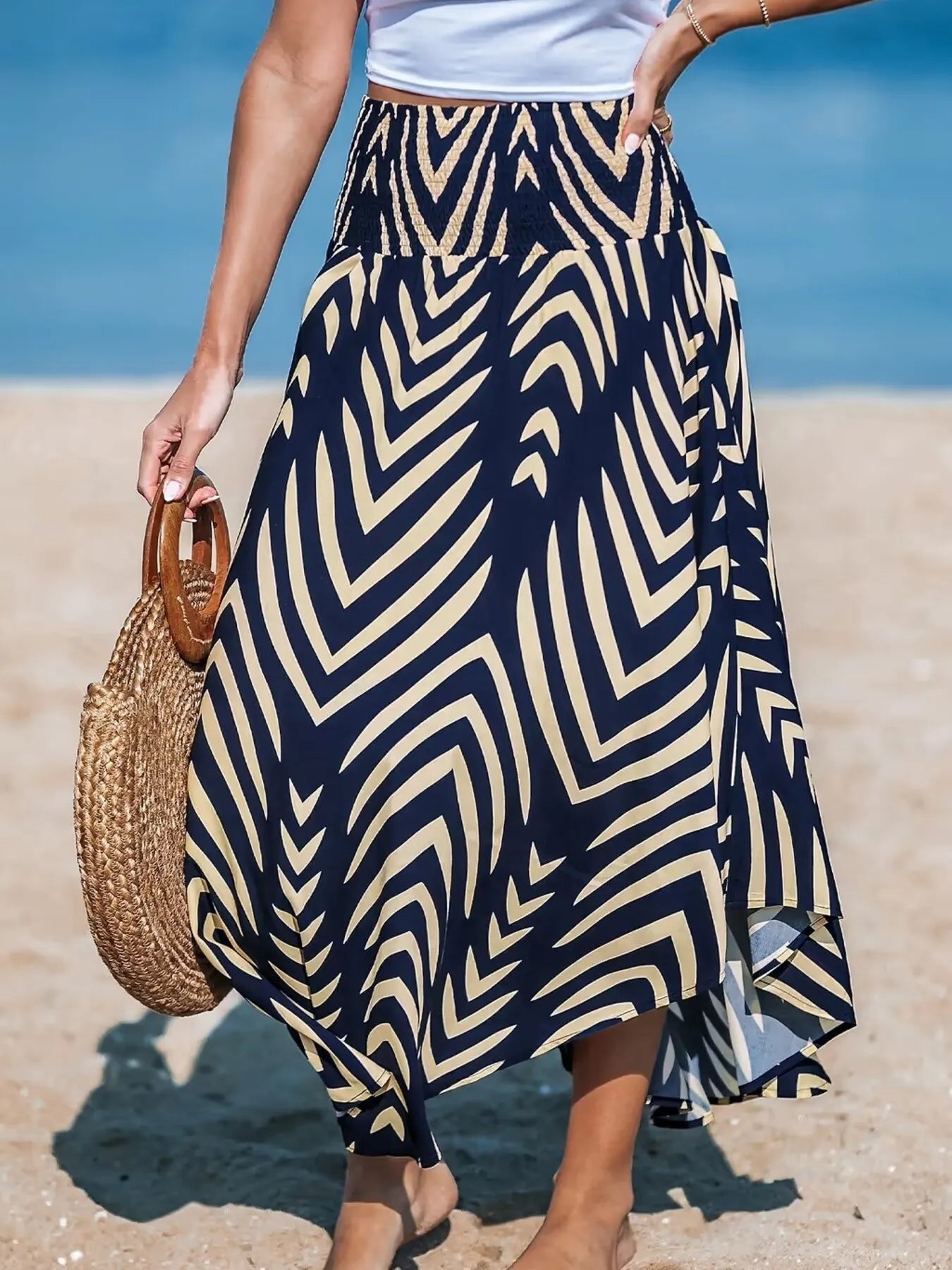 Navy and Cream Smocked Chevron Print High Waist Maxi Skirt - Be Bliss Boutique