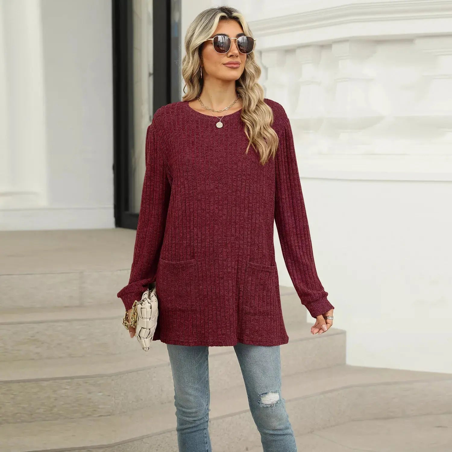 Cozy Ribbed Knit Long Sleeve Tunic Top with Pockets - Be Bliss Boutique