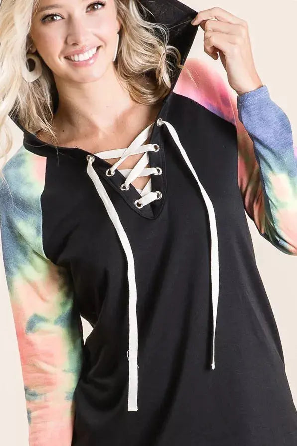 BiBi French Terry Lace Up Hoodie With Tie Dye Sleeves - Be Bliss Boutique