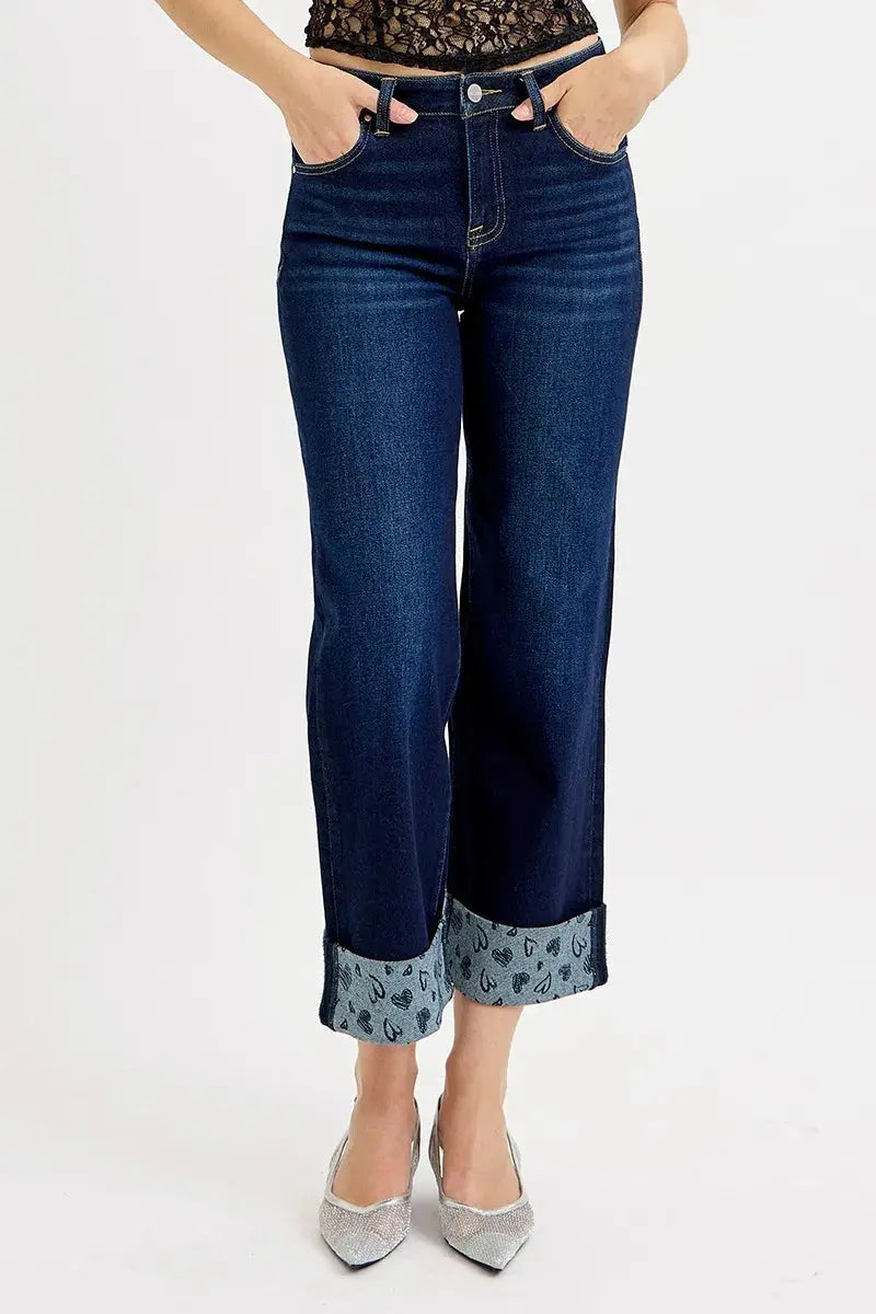 RISEN Jeans - Full Size Mid Rise Fit Crop Wide Leg with Printed Cuff - Be Bliss Boutique