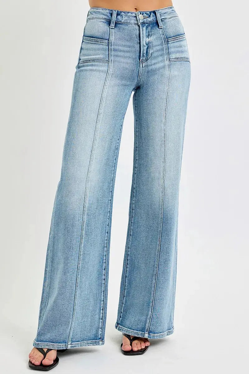 Full Size Mid Rise Wide RISEN Jeans with Front Patch Pocket - Be Bliss Boutique