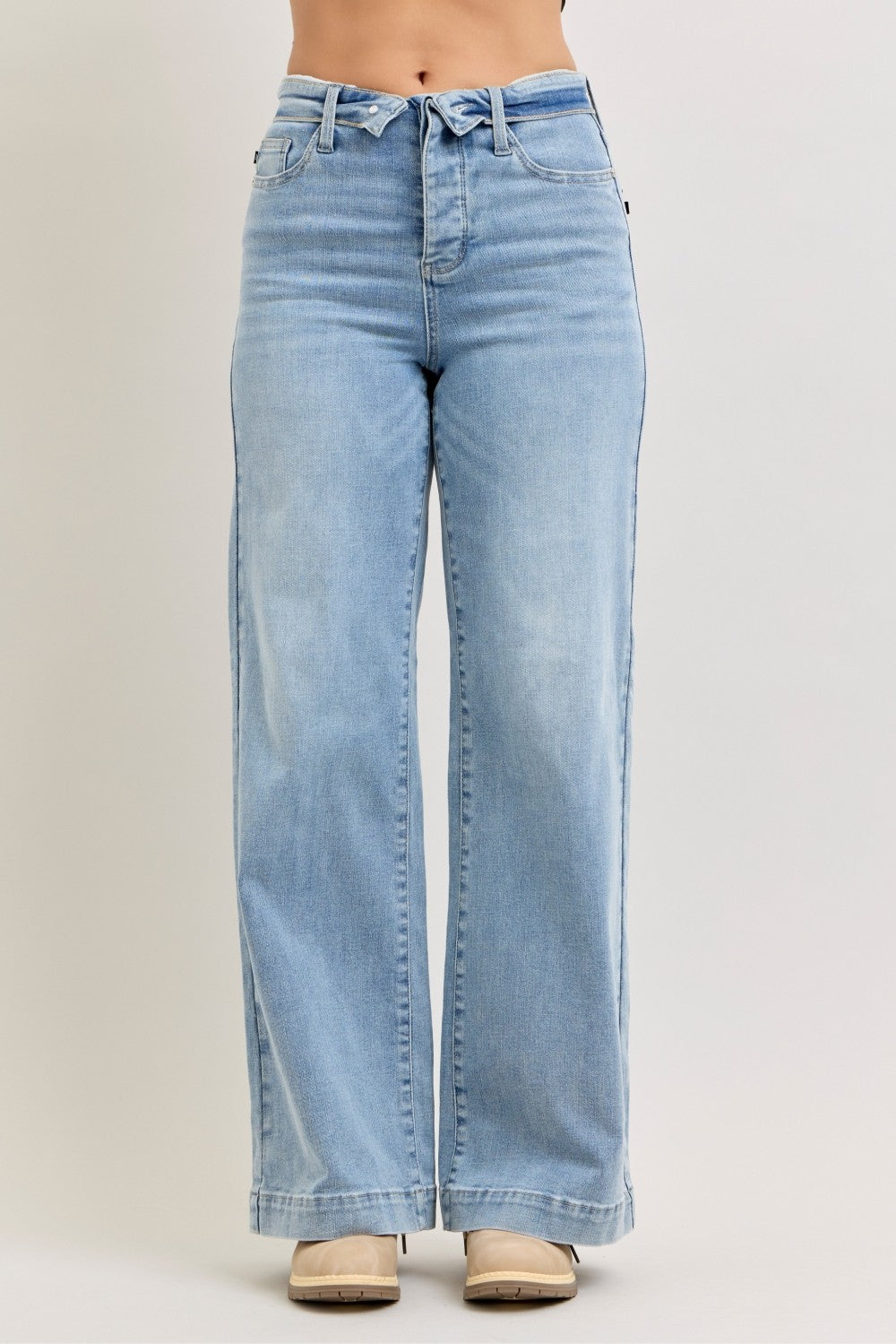 Judy Blue Mid Rise Retro Wide Leg Jeans with Fold-over Waistband - Be Bliss Boutique
