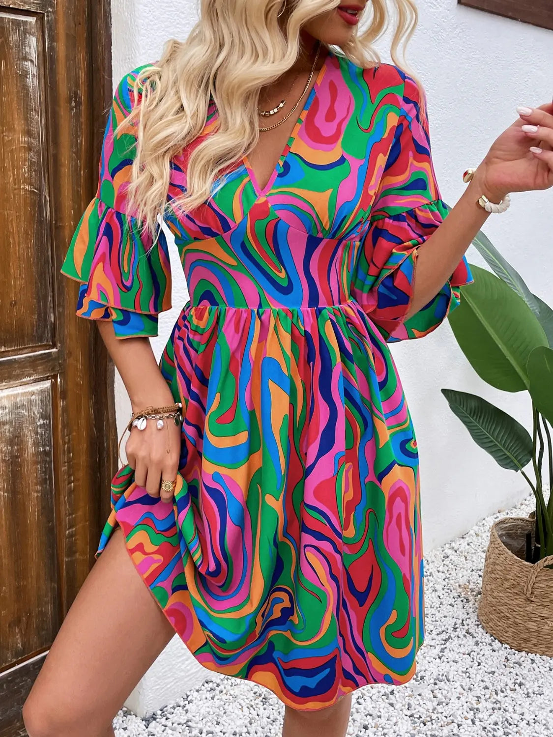Ruffled Printed V-Neck Half Sleeve Mini Dress - Be Bliss Boutique