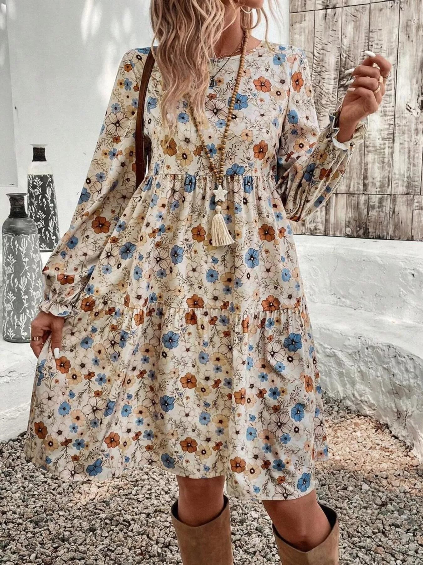 Floral Print Long Sleeve Tiered Dress -  Be Bliss Boutique