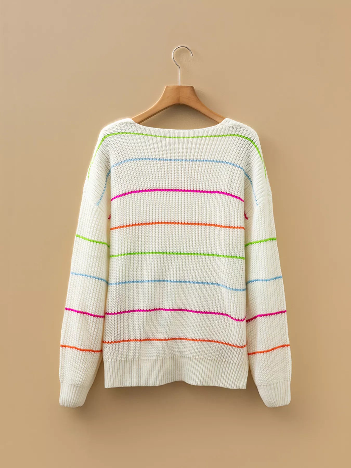 Colorful Striped Detail V Neck Drop Shoulder Baggy Sweater - Be Bliss Boutique