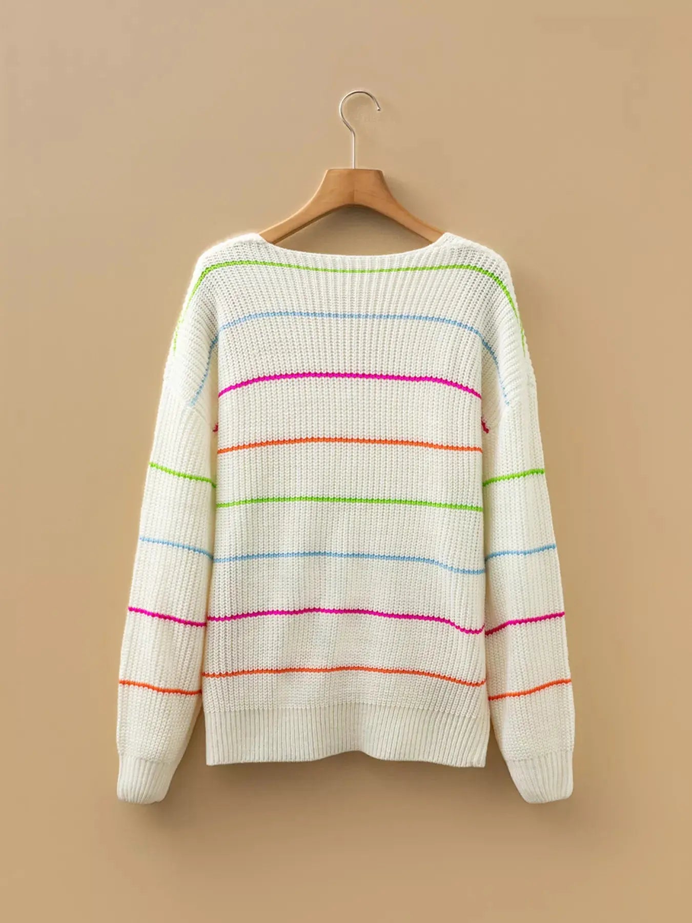 Colorful Striped Detail V-Neck Baggy Drop Shoulder Sweater - Be Bliss Boutique