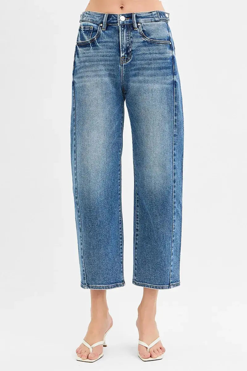 High Rise Crop Length Barrel Adjustable Waist Band RISEN Jeans - Be Bliss Boutique