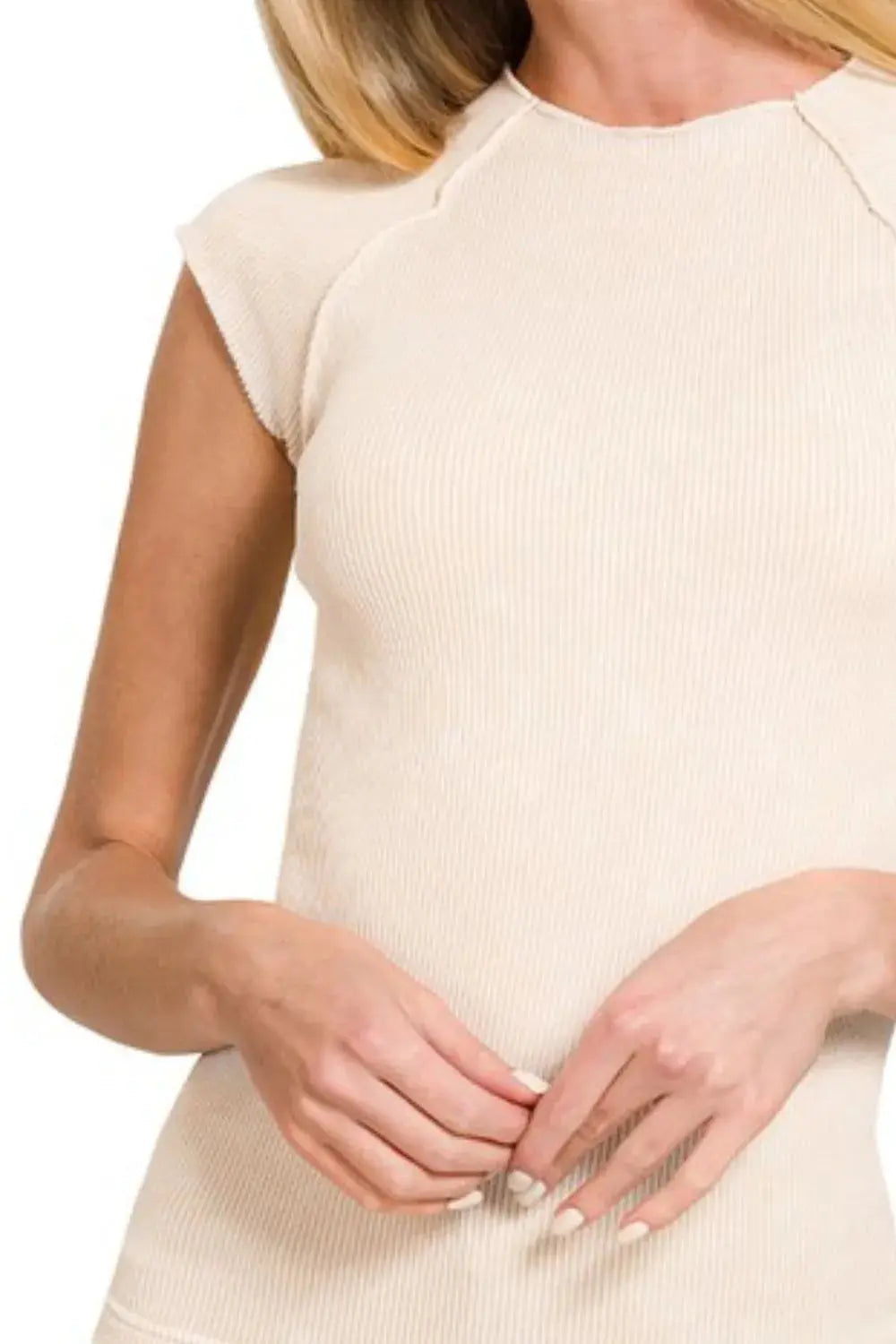 Zenana Stone Washed Ribbed Cap Sleeve Seamless Tank Top in Sand Beige - Be Bliss Boutique