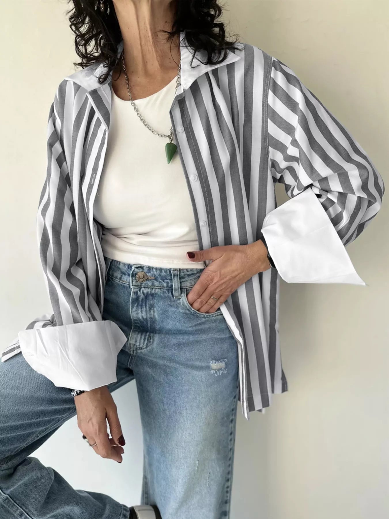 Striped Oversized Button-Up Shirt - Be Bliss Boutique