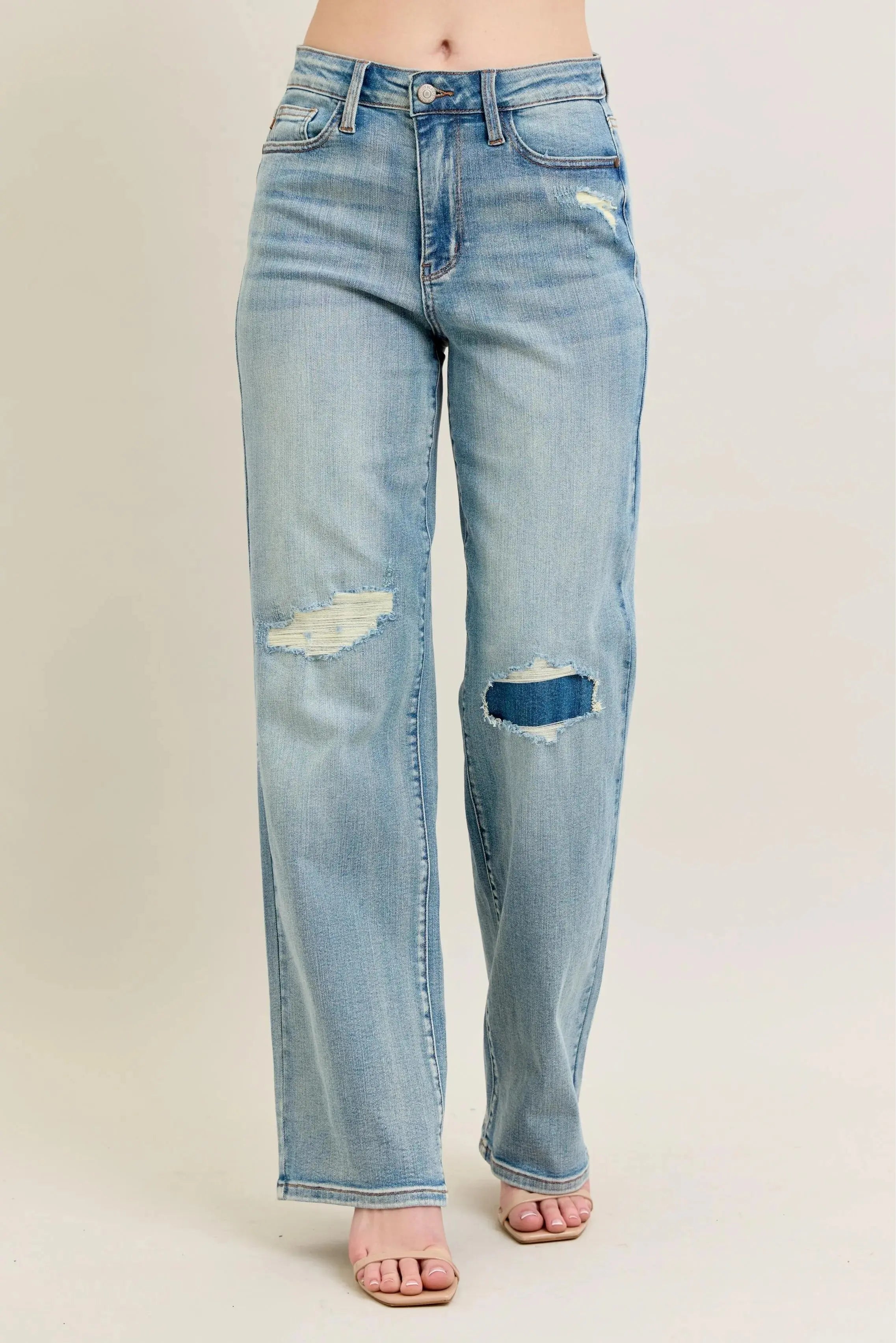 Judy Blue Jeans -Plus Size High Waist Destroy & Knee Patch Straight Leg - Be Bliss Boutique