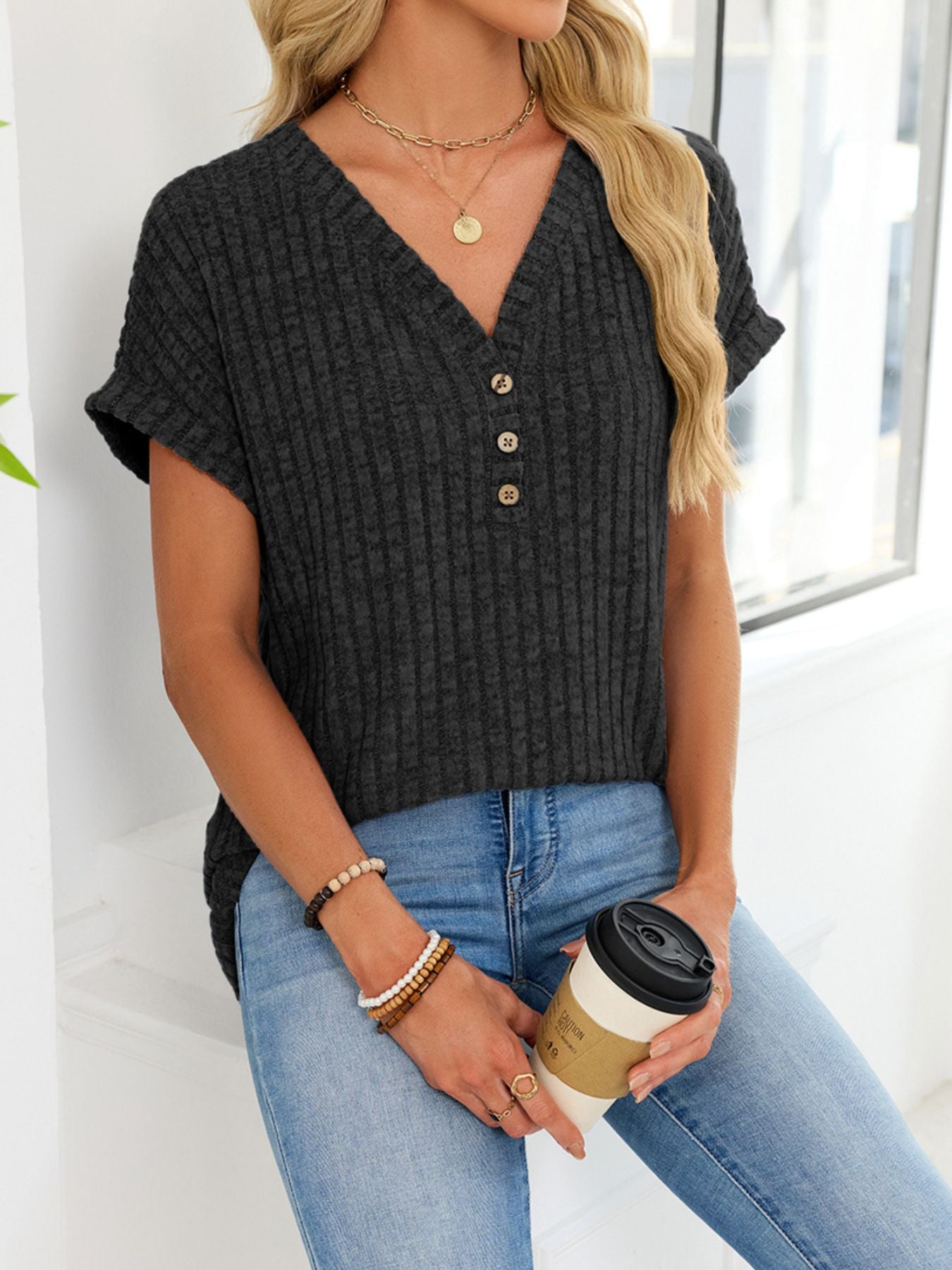 V Neck Ribbed Knit T Shirt - Be Bliss Boutique