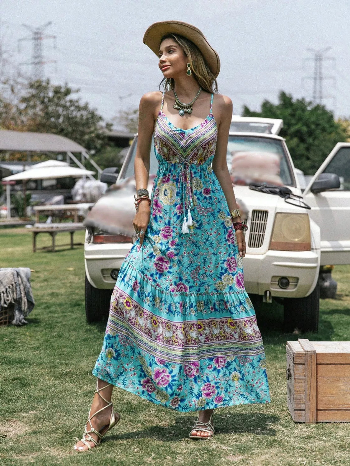 Boho Tassel Floral Print Tiered Cami Dress - Be Bliss Boutique