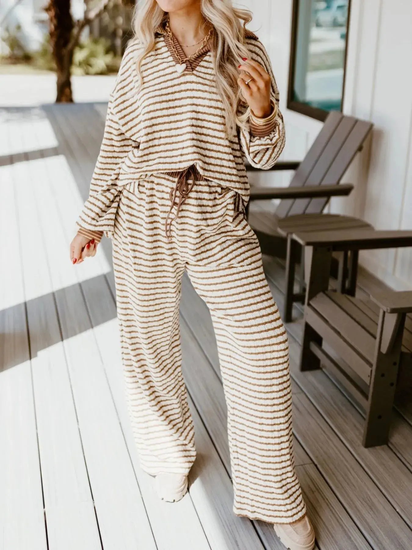 Stripe Collared Top and Drawstring Pant Loungewear Set - Be Bliss Boutique