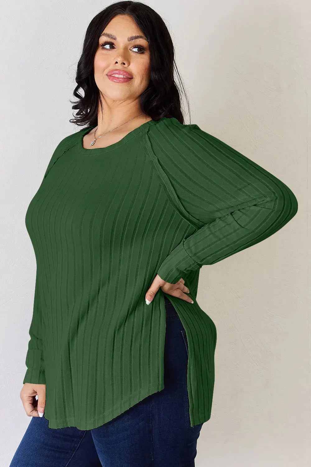 Basic Bae Ribbed Round Neck Slit Womens Long Sleeve T Shirt – Full & Plus Size - Be Bliss Boutique