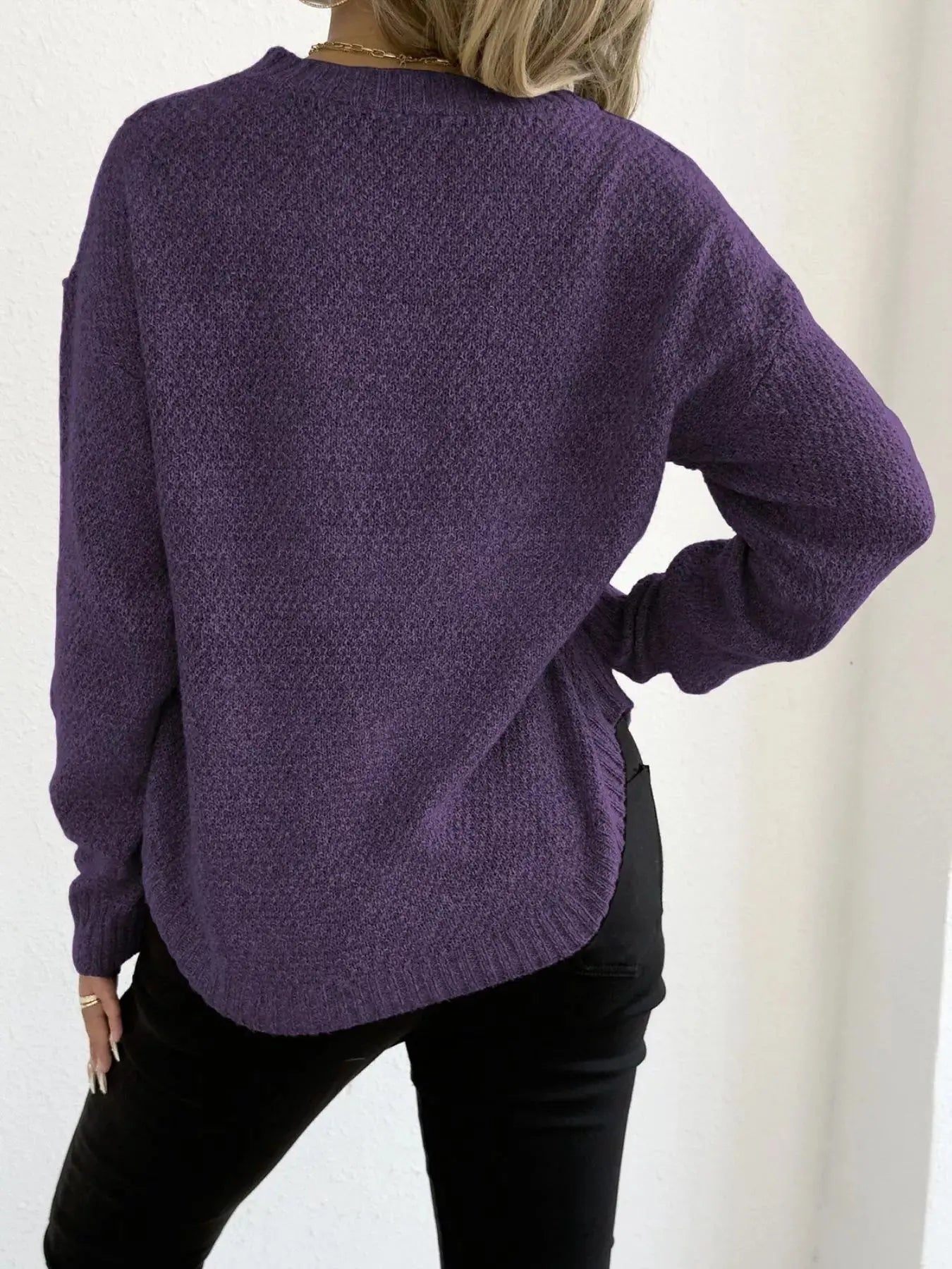 Round Neck Textured Knit Relaxed Fit Sweater - Be Bliss Boutique