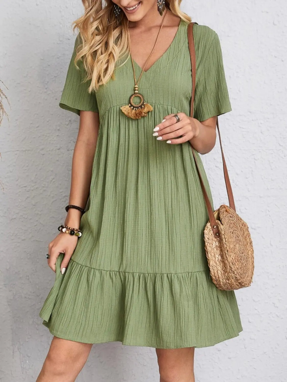 Boho Textured V-Neck Short Sleeve Babydoll Dress - Be Bliss Boutique