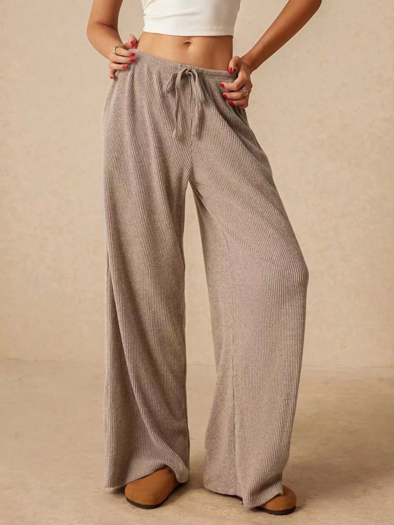 Ribbed Drawstring Wide Leg Pants - Be Bliss Boutique