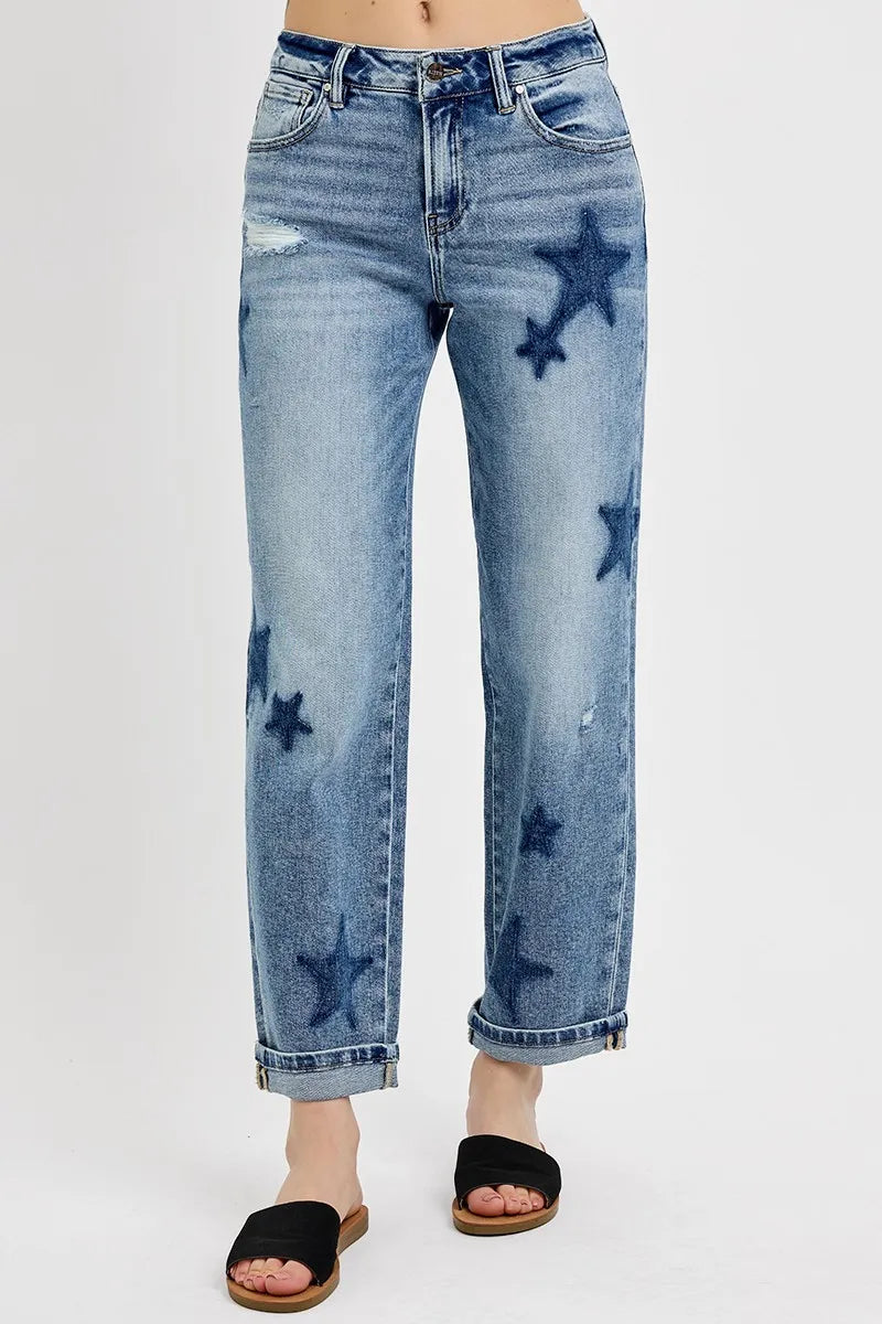 Full Size Mid Rise Boyfriend Star Shadow Detail Cuffed RISEN Jeans - Be Bliss Boutique
