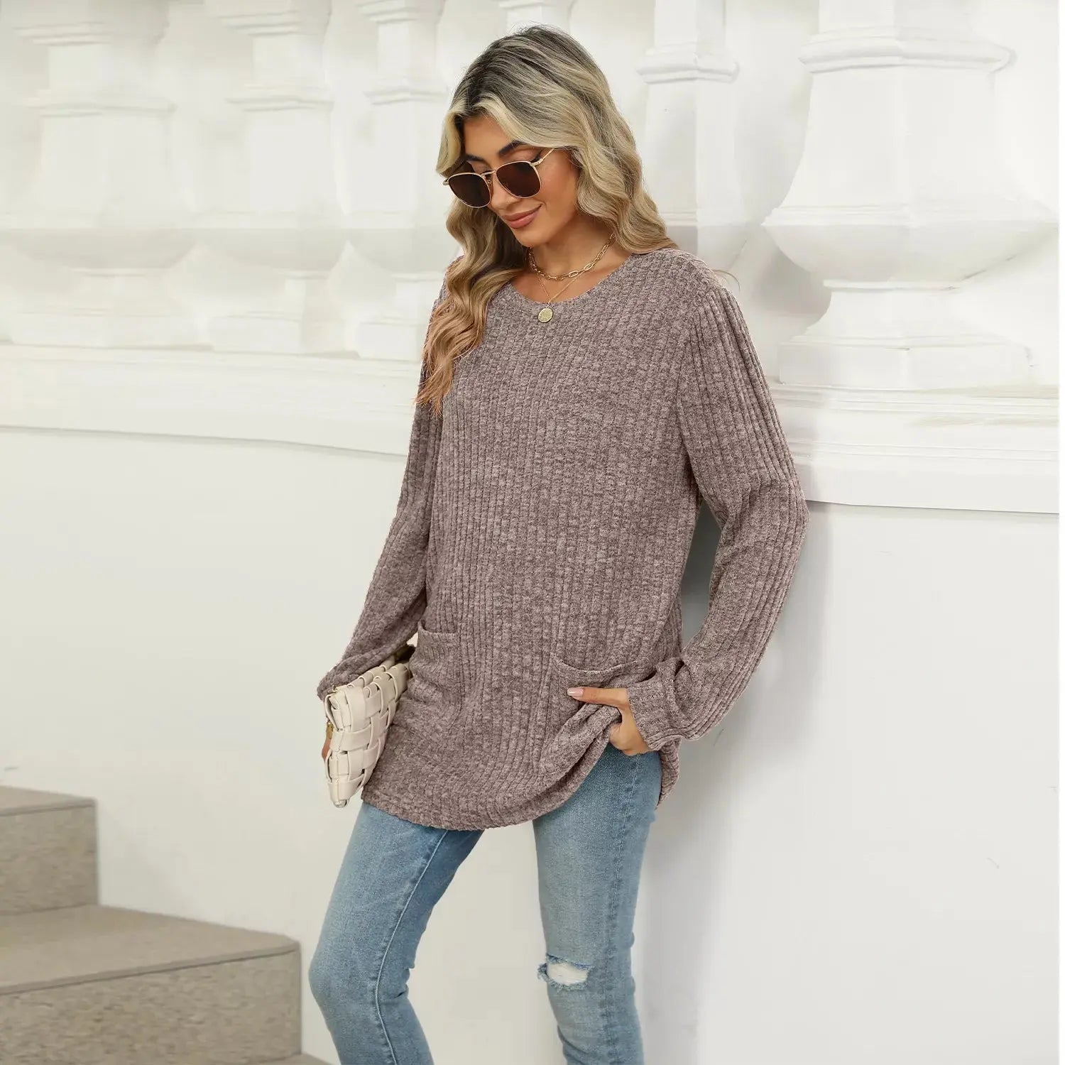 Cozy Ribbed Knit Long Sleeve Tunic Top with Pockets - Be Bliss Boutique
