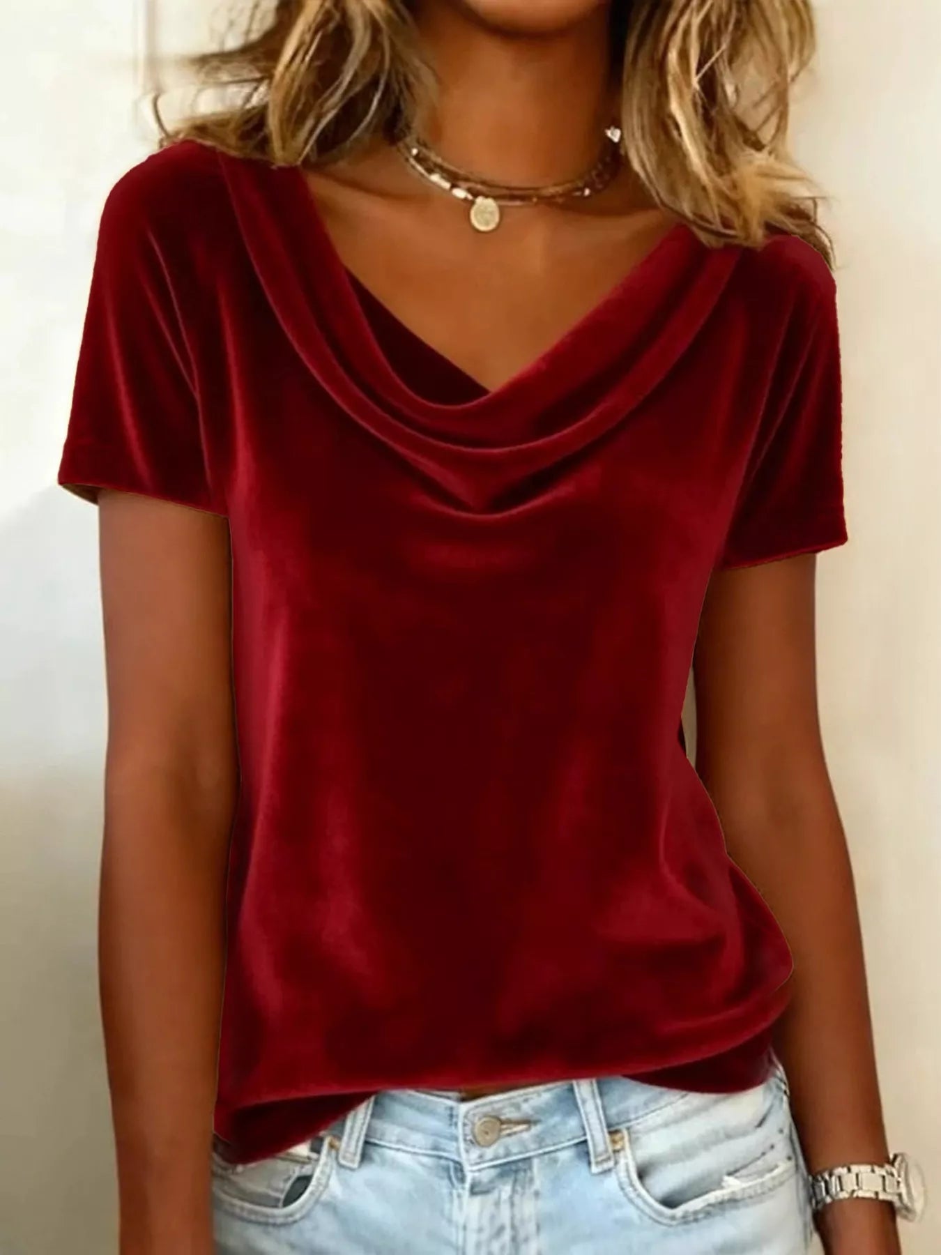 Velvet Cowl Neck Short Sleeve Top - Be Bliss Boutique