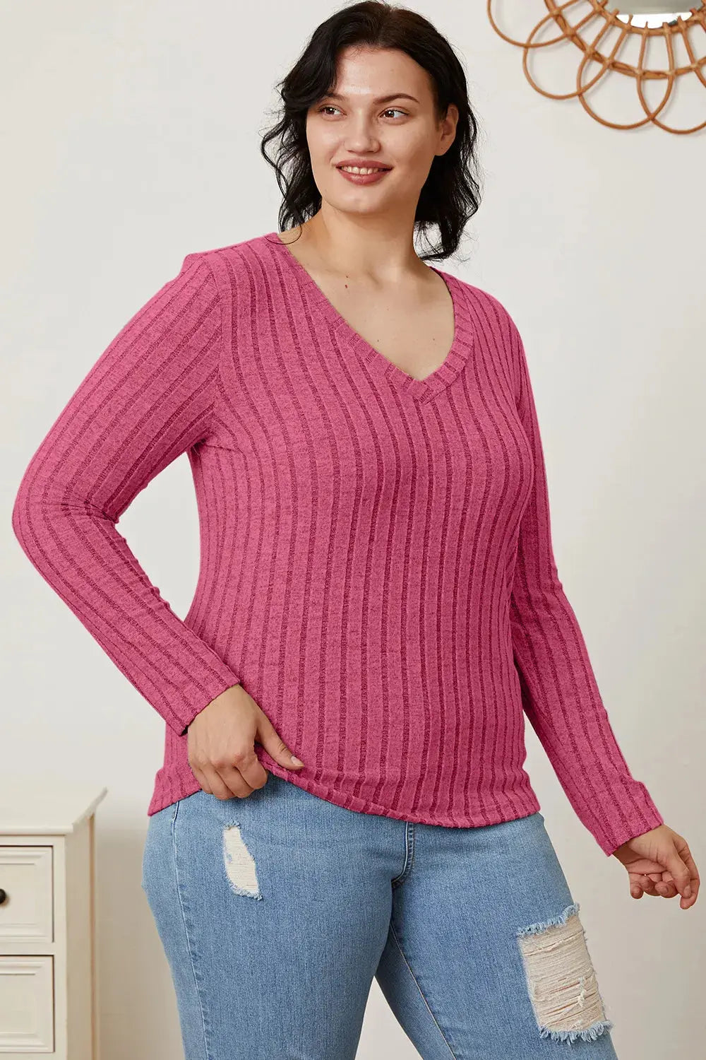 Basic Bae Full Size Ribbed V-Neck Long Sleeve T Shirt for Women - Be Bliss Boutique