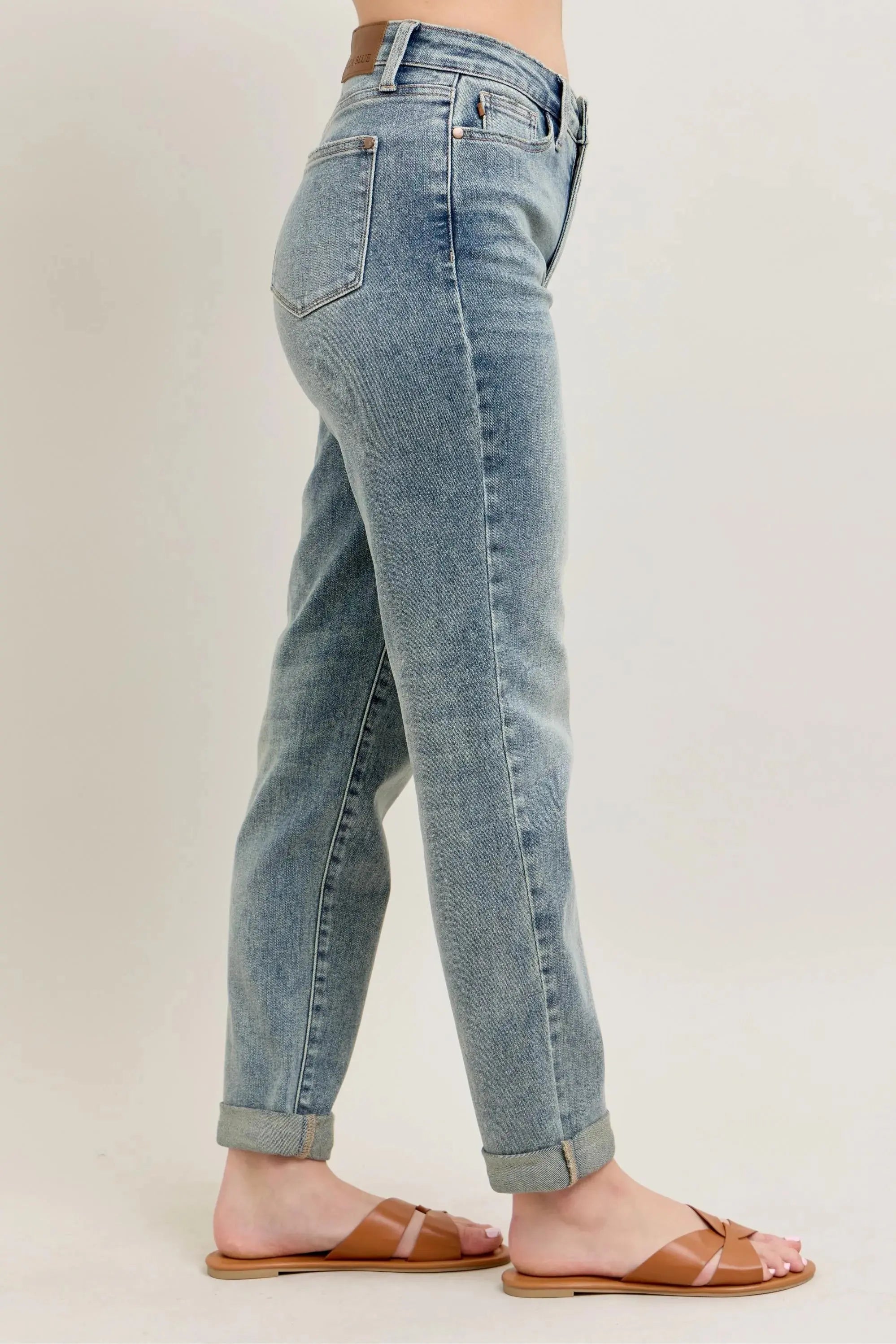 Judy Blue Jeans - Full Size High Waist Vintage Wash Double Roll Cuff Boyfriend Fit - Be Bliss Boutique