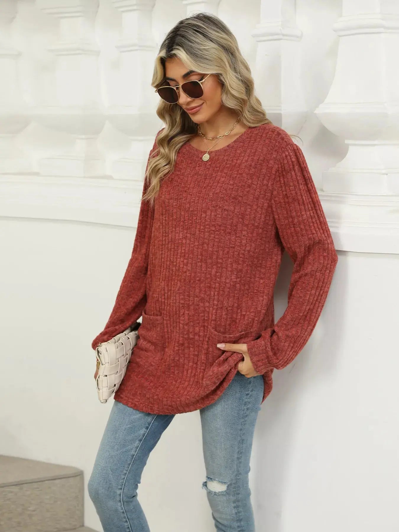 Cozy Ribbed Knit Long Sleeve Tunic Top with Pockets - Be Bliss Boutique