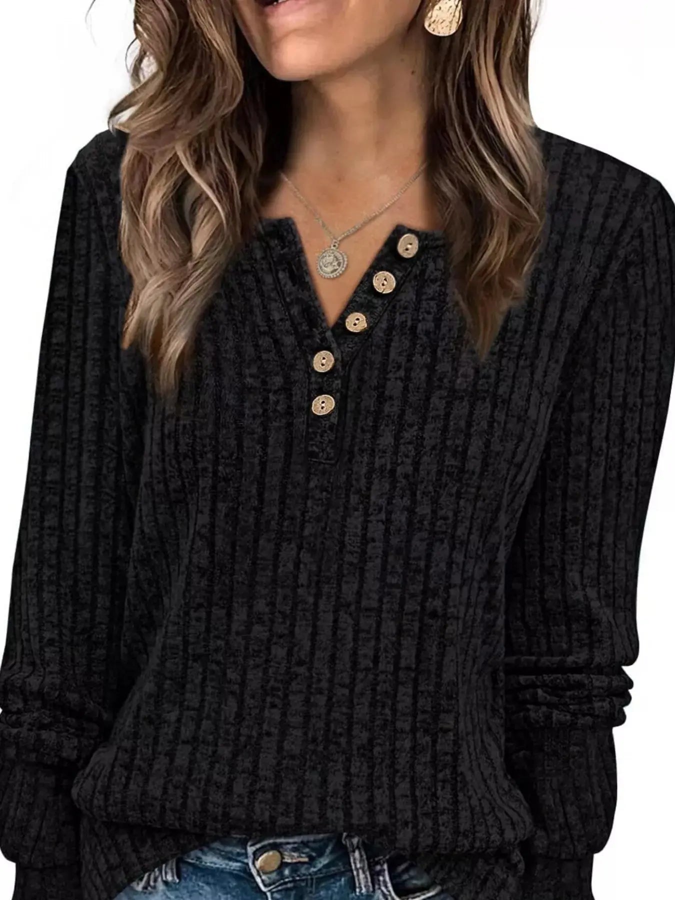 Ribbed Knit Button Front Long Sleeve T Shirt - Be Bliss Boutique
