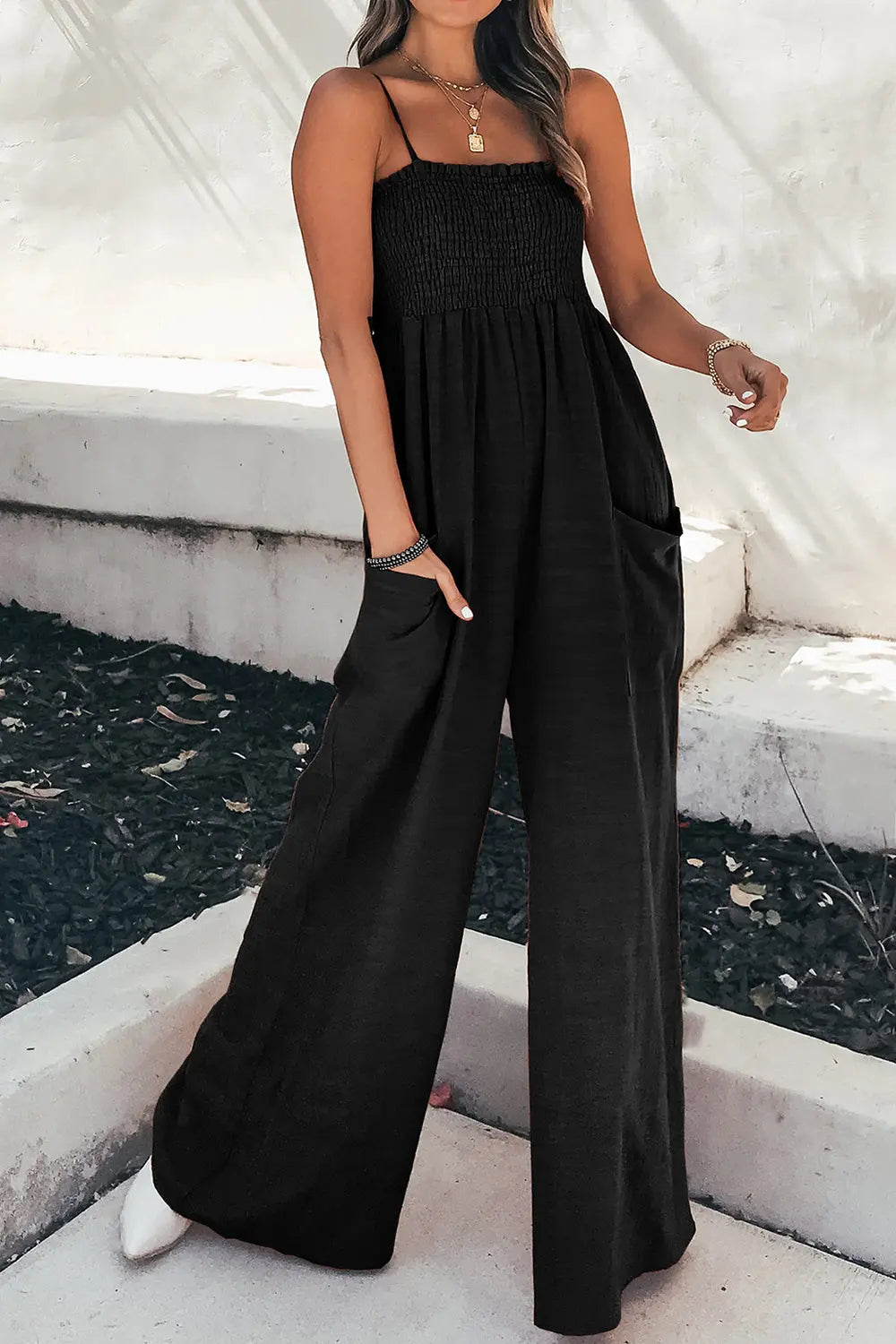 Smocked Spaghetti Strap Wide Leg Jumpsuit - Be Bliss Boutique