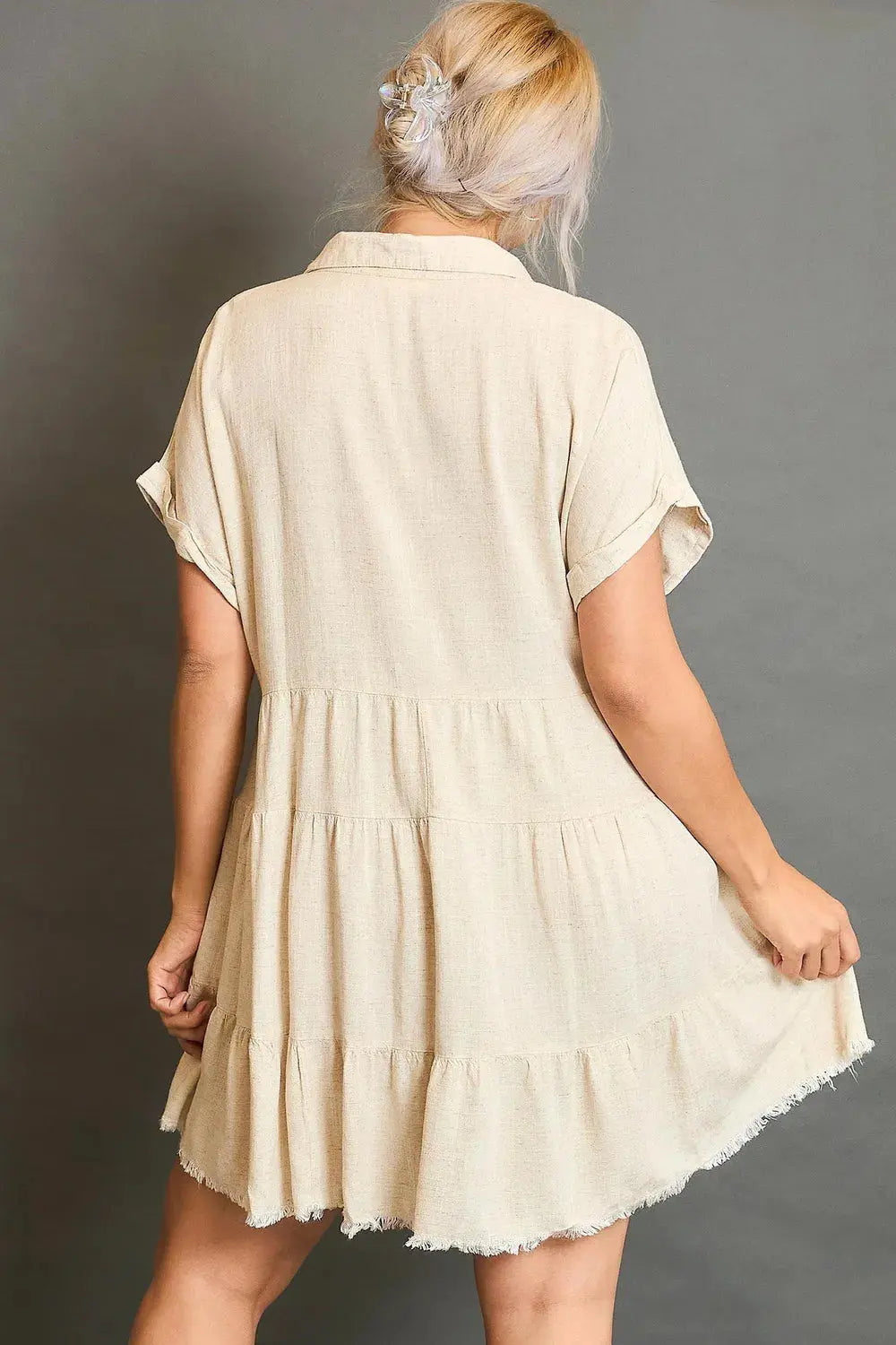 Umgee Full Size Raw Hem Folded Sleeve Womens Tiered Dress (Oatmeal) - Be Bliss Boutique