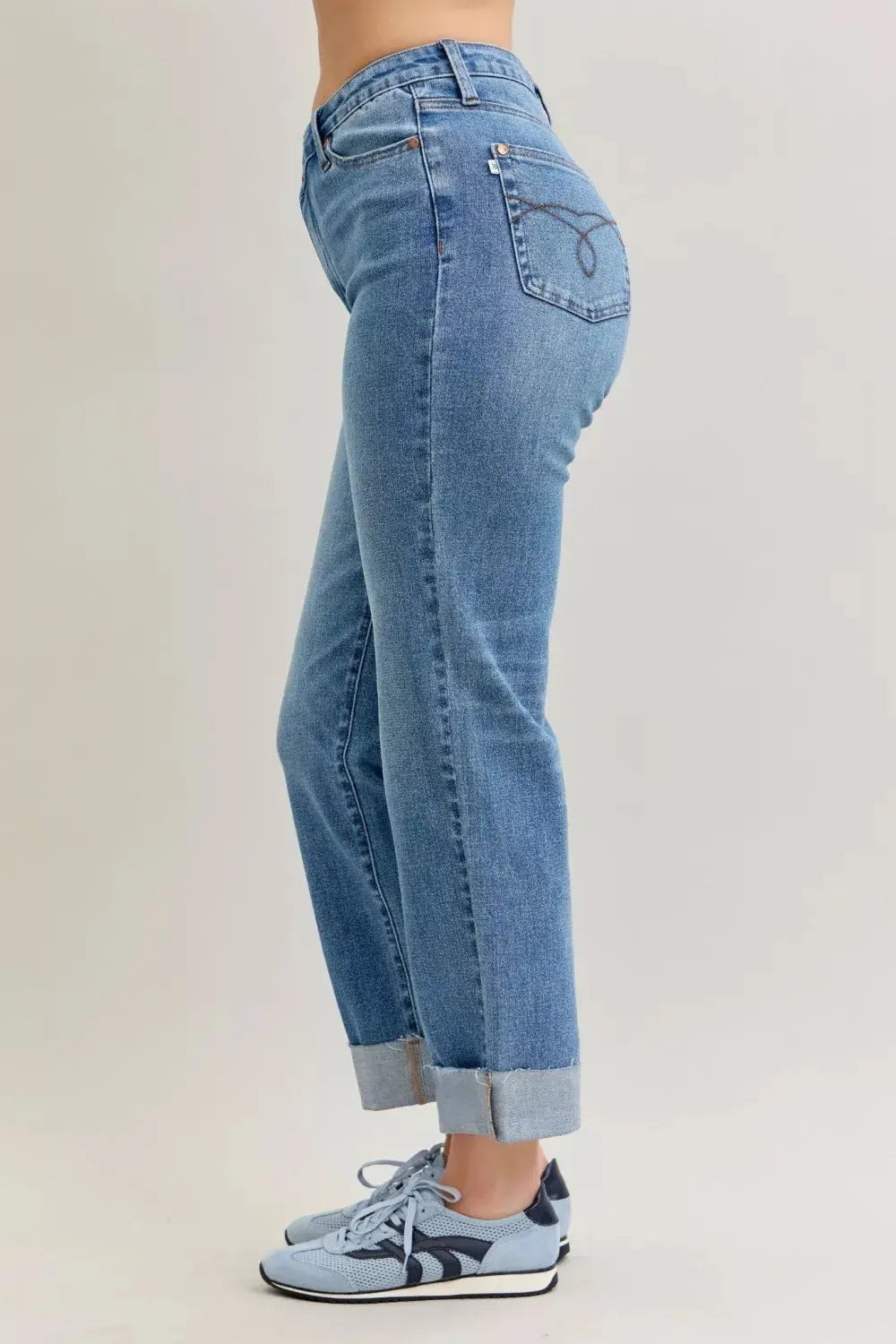 Judy Blue Jeans - High Waist Boyfriend Criss-Cross Mild Destroy Jeans with Single Cuff - Be Bliss Boutique