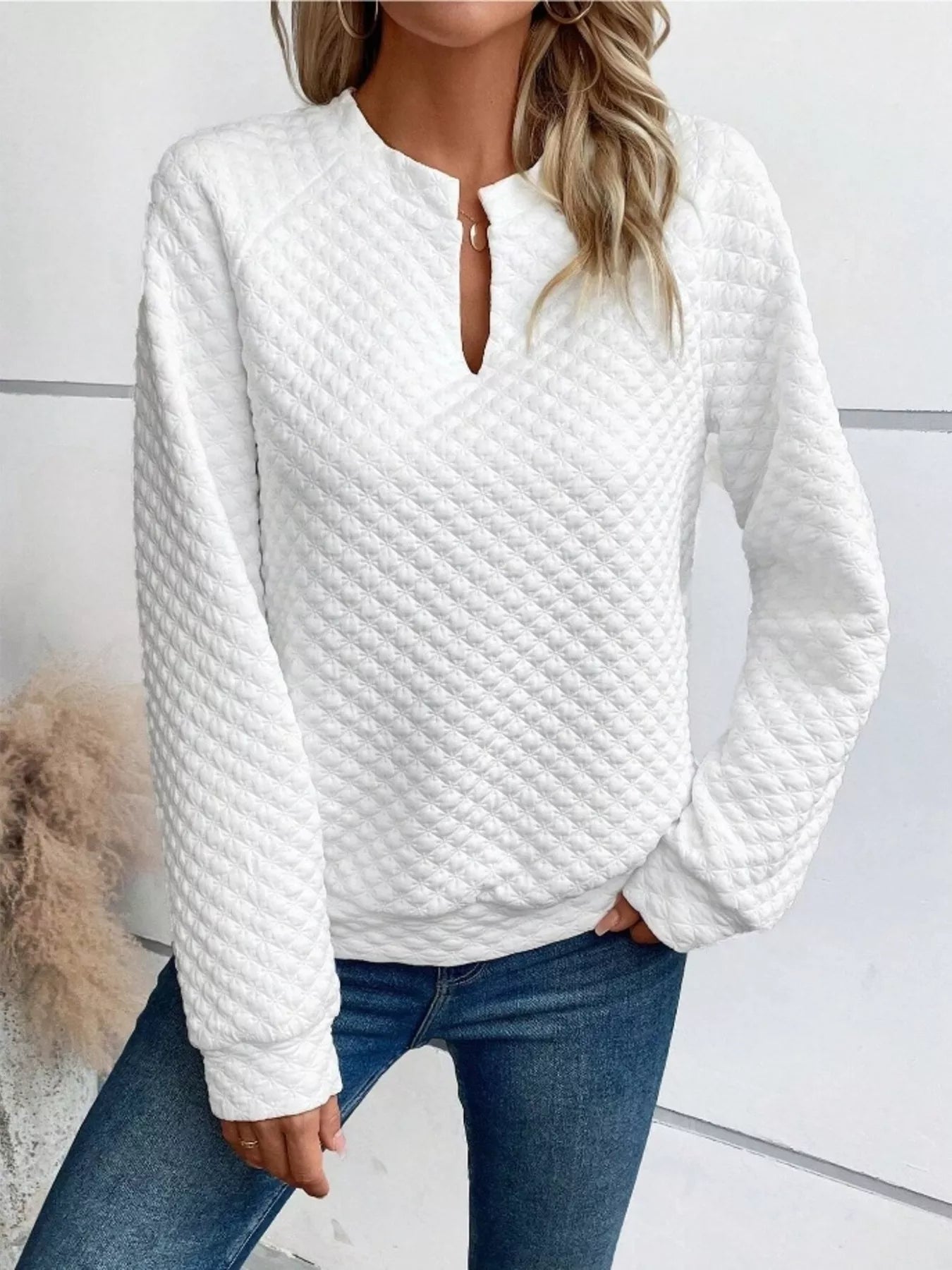 Notched Raglan Sleeve Sweatshirt -  Be Bliss Boutique